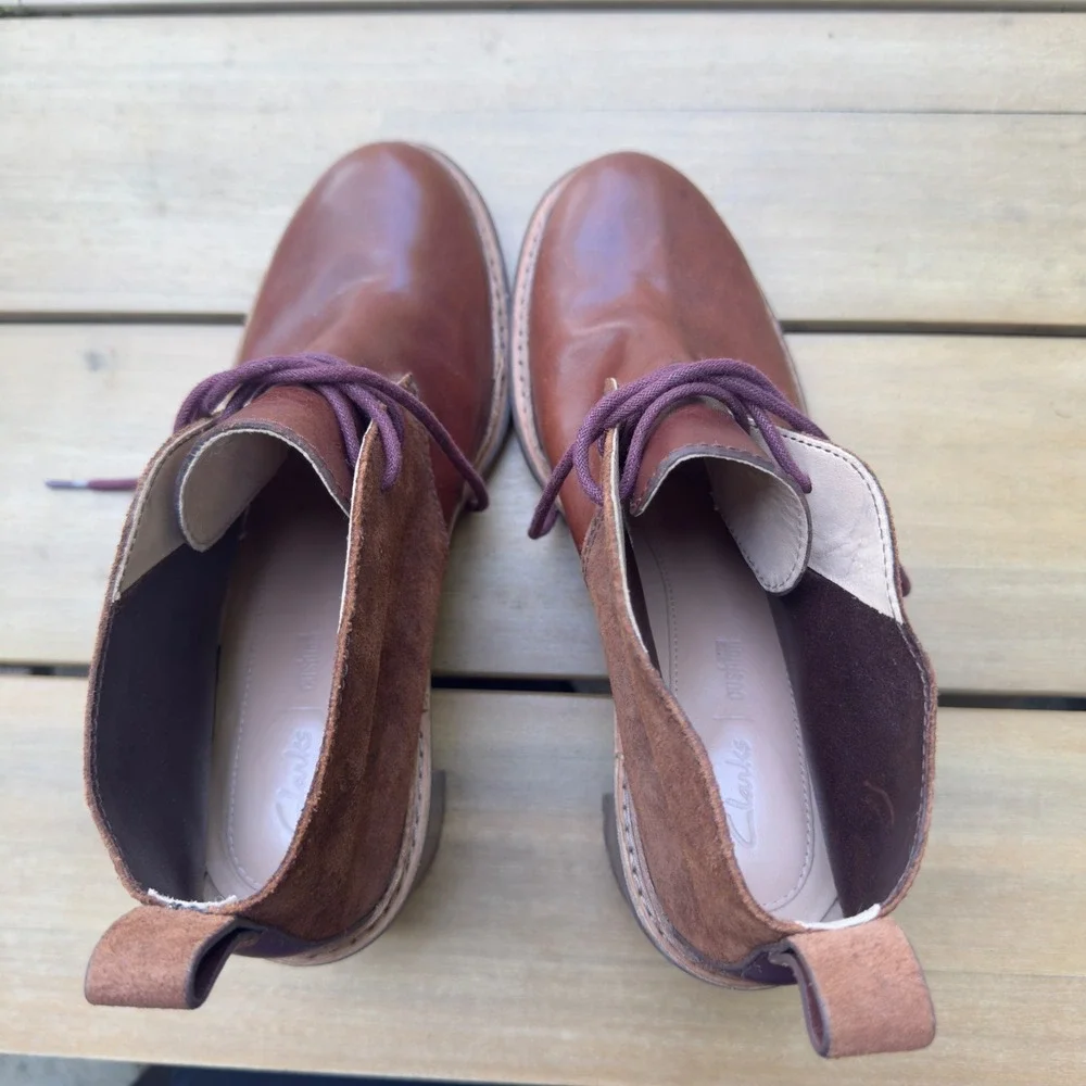 Clarks Trace Glow Womens 9.5 Mahogany Leather Suede Lace Up Heeled Ankle Boots